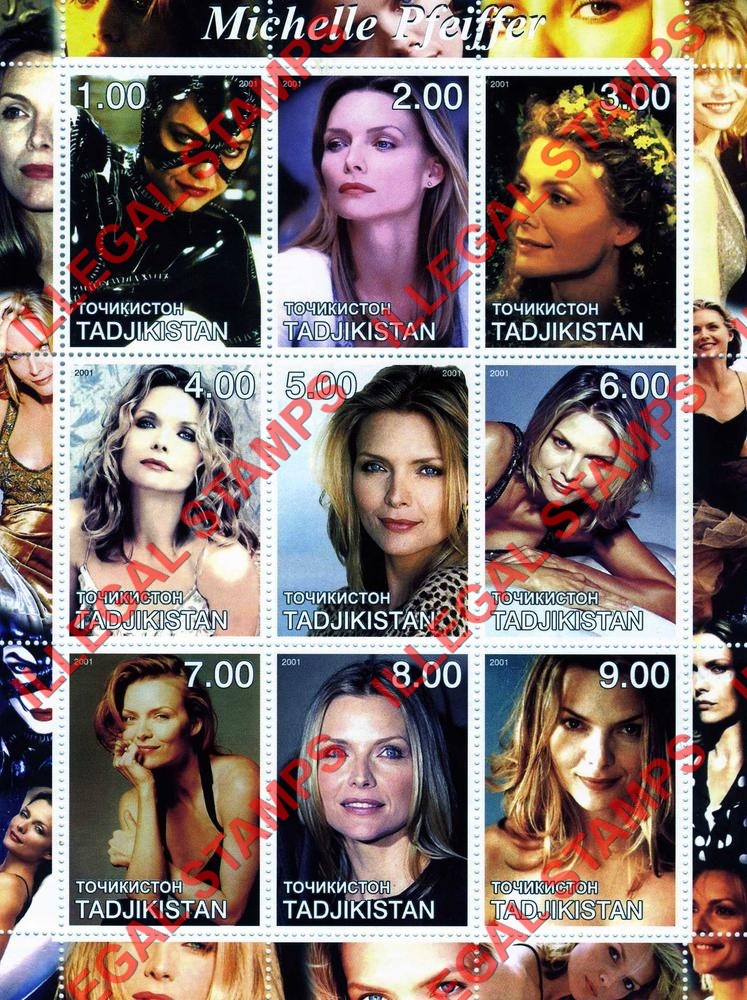 Tajikistan 2001 Michelle Pfeiffer Illegal Stamp Souvenir Sheet of 9 Tajikistan 2001 Michelle Pfeiffer Illegal Stamp Souvenir Sheet of 9