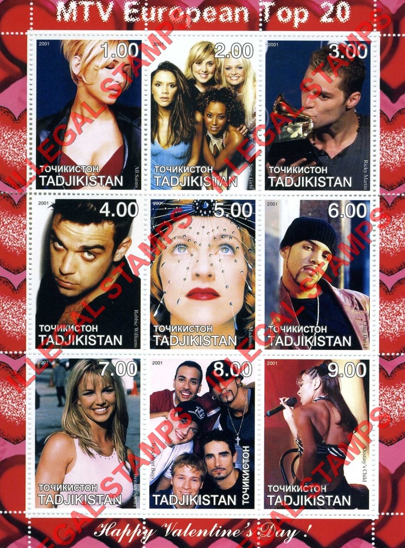 Tajikistan 2001 MTV European Top 20 Illegal Stamp Souvenir Sheet of 9 Tajikistan 2001 MTV European Top 20 Illegal Stamp Souvenir Sheet of 9