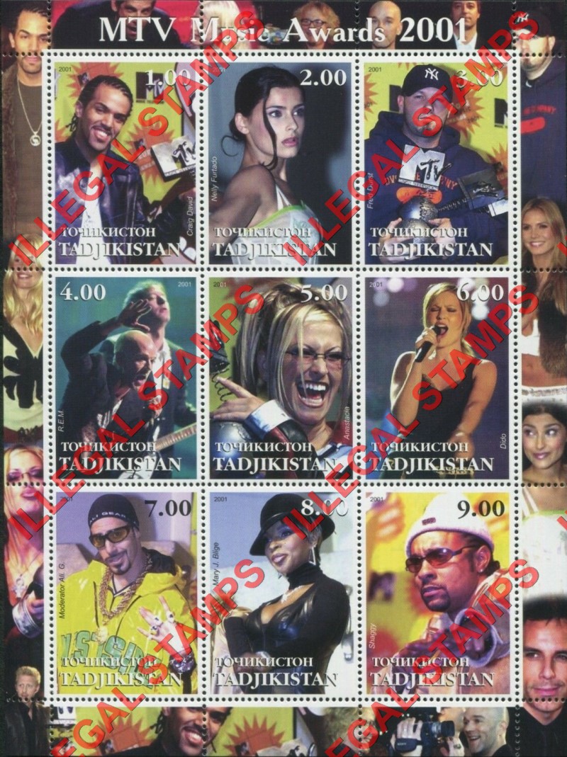 Tajikistan 2001 MTV Music Awards Illegal Stamp Souvenir Sheet of 9 Tajikistan 2001 MTV Music Awards Illegal Stamp Souvenir Sheet of 9