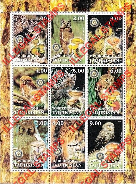 Tajikistan 2001 Owls and Mushrooms Illegal Stamp Souvenir Sheet of 9 Tajikistan 2001 Owls and Mushrooms Illegal Stamp Souvenir Sheet of 9
