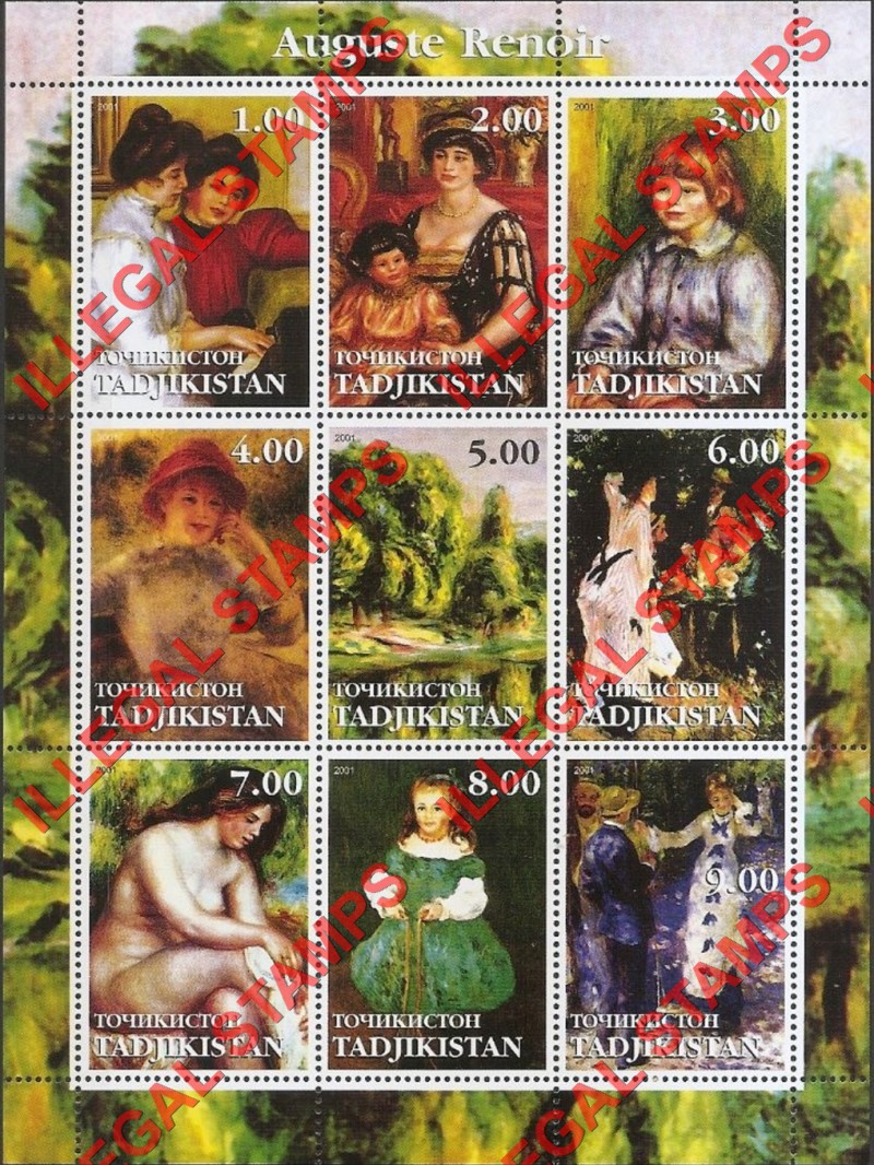 Tajikistan 2001 Paintings by Auguste Renoir Illegal Stamp Souvenir Sheet of 9 Tajikistan 2001 Paintings by Auguste Renoir Illegal Stamp Souvenir Sheet of 9