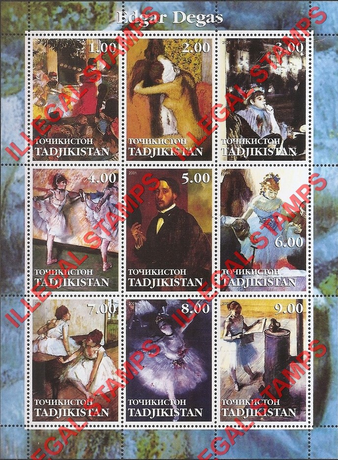 Tajikistan 2001 Paintings by Edgar Degas Illegal Stamp Souvenir Sheet of 9 Tajikistan 2001 Paintings by Edgar Degas Illegal Stamp Souvenir Sheet of 9