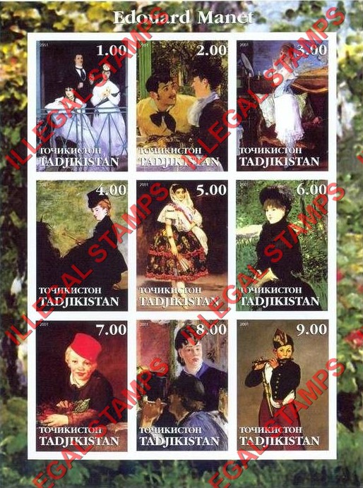 Tajikistan 2001 Paintings by Edouard Manet Illegal Stamp Souvenir Sheet of 9 Tajikistan 2001 Paintings by Edouard Manet Illegal Stamp Souvenir Sheet of 9