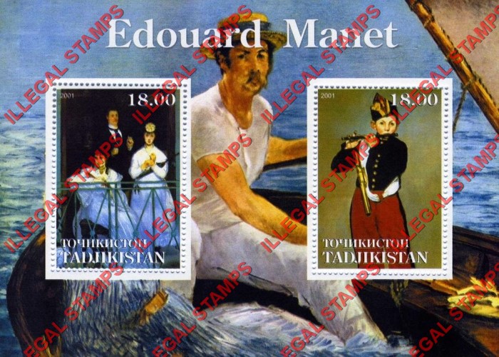 Tajikistan 2001 Paintings by Edouard Manet Illegal Stamp Souvenir Sheet of 2 Tajikistan 2001 Paintings by Edouard Manet Illegal Stamp Souvenir Sheet of 2