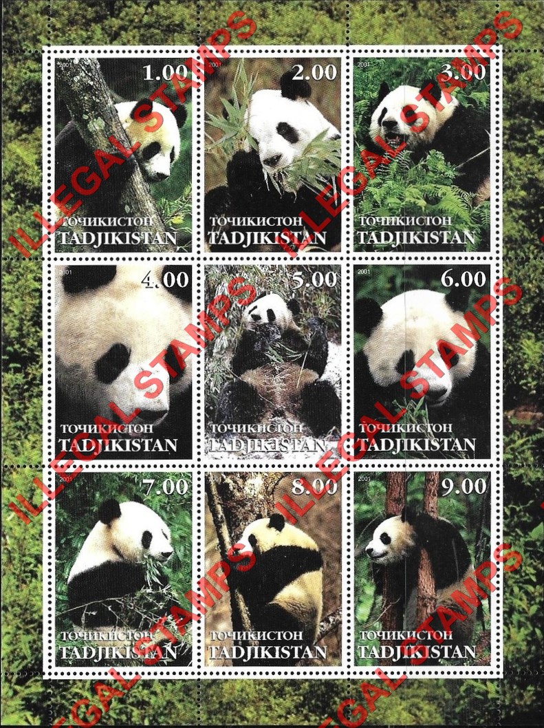 Tajikistan 2001 Pandas Illegal Stamp Souvenir Sheet of 9 Tajikistan 2001 Pandas Illegal Stamp Souvenir Sheet of 9