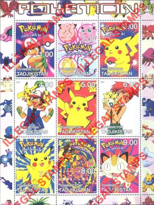 Tajikistan 2001 Pokemon Illegal Stamp Souvenir Sheet of 9 Tajikistan 2001 Pokemon Illegal Stamp Souvenir Sheet of 9