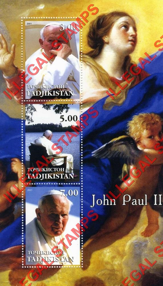 Tajikistan 2001 Pope John Paul II Illegal Stamp Souvenir Sheet of 3 Tajikistan 2001 Pope John Paul II Illegal Stamp Souvenir Sheet of 3