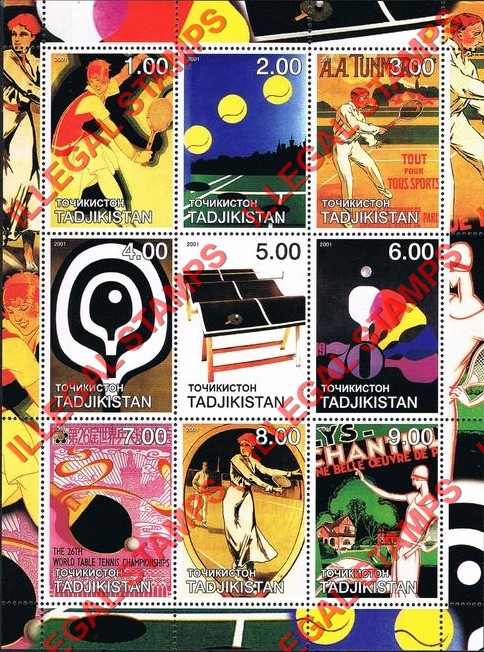 Tajikistan 2001 Poster Art Tennis Illegal Stamp Souvenir Sheet of 9 Tajikistan 2001 Poster Art Tennis Illegal Stamp Souvenir Sheet of 9