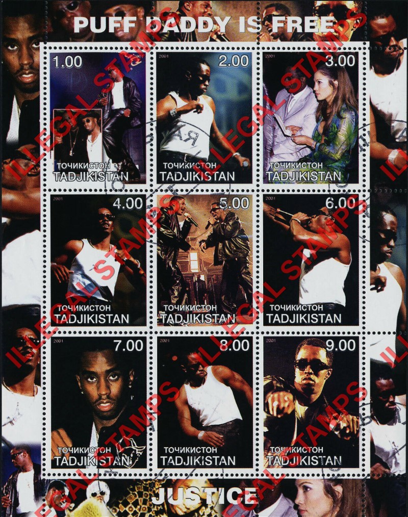 Tajikistan 2001 Puff Daddy is Free Justice Illegal Stamp Souvenir Sheet of 9 Tajikistan 2001 Puff Daddy is Free Justice Illegal Stamp Souvenir Sheet of 9