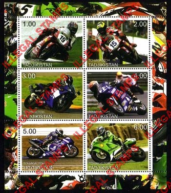 Tajikistan 2001 Racing Motorcycles Illegal Stamp Souvenir Sheet of 6 Tajikistan 2001 Racing Motorcycles Illegal Stamp Souvenir Sheet of 6