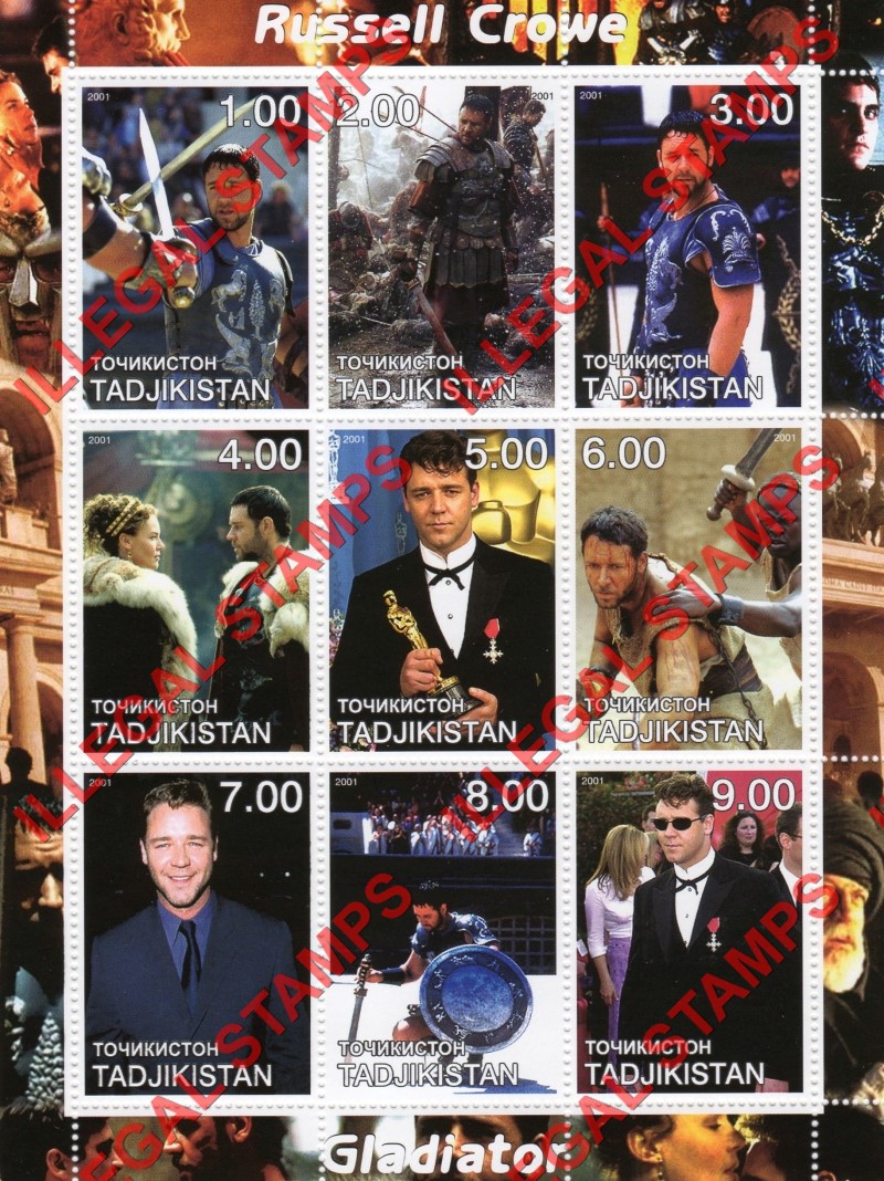 Tajikistan 2001 Russell Crowe Gladiator Illegal Stamp Souvenir Sheet of 9 Tajikistan 2001 Russell Crowe Gladiator Illegal Stamp Souvenir Sheet of 9