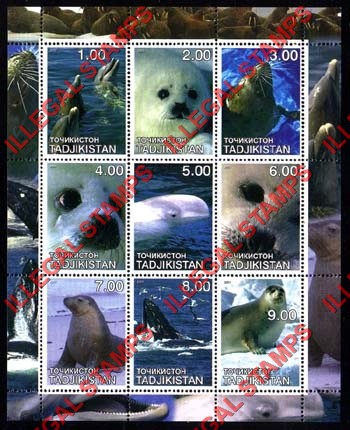 Tajikistan 2001 Seals Dolphins and Whales Illegal Stamp Souvenir Sheet of 9 Tajikistan 2001 Seals Dolphins and Whales Illegal Stamp Souvenir Sheet of 9