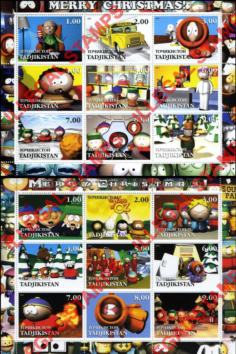 Tajikistan 2001 South Park Christmas Illegal Stamp Souvenir Sheets of 9 Tajikistan 2001 South Park Christmas Illegal Stamp Souvenir Sheets of 9