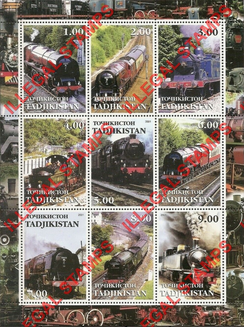 Tajikistan 2001 Steam Locomotives Trains Illegal Stamp Souvenir Sheet of 9 Tajikistan 2001 Steam Locomotives Trains Illegal Stamp Souvenir Sheet of 9