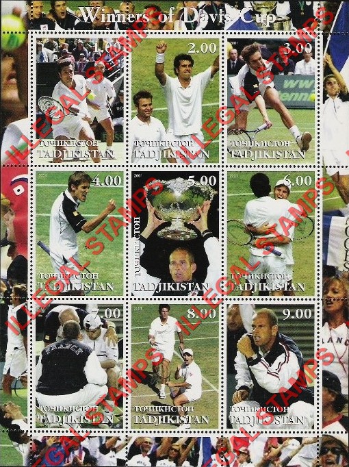 Tajikistan 2001 Tennis Winners of the Davis Cup Illegal Stamp Souvenir Sheet of 9 Tajikistan 2001 Tennis Winners of the Davis Cup Illegal Stamp Souvenir Sheet of 9