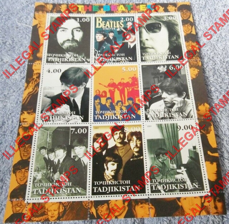 Tajikistan 2001 The Beatles Illegal Stamp Souvenir Sheet of 9 Tajikistan 2001 The Beatles Illegal Stamp Souvenir Sheet of 9