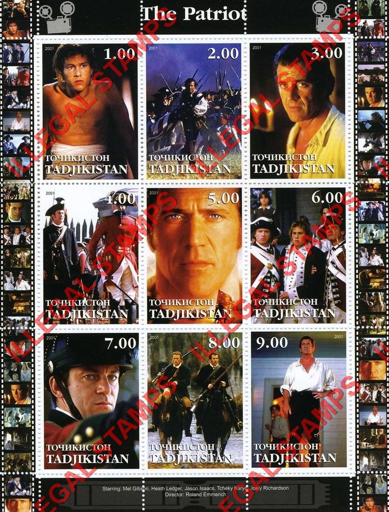 Tajikistan 2001 The Patriot Mel Gibson Illegal Stamp Souvenir Sheet of 9 Tajikistan 2001 The Patriot Mel Gibson Illegal Stamp Souvenir Sheet of 9