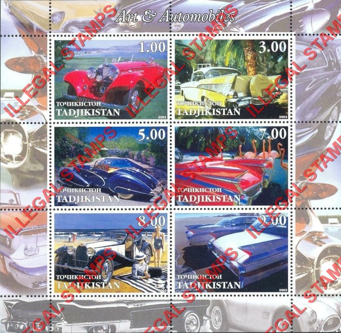 Tajikistan 2003 Art and Automobiles Illegal Stamp Souvenir Sheet of 6