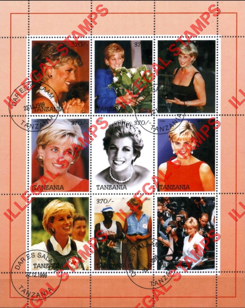 Tanzania 1999 Princess Diana Illegal Stamp Souvenir Sheet of 9 Tanzania 1999 Princess Diana Illegal Stamp Souvenir Sheet of 9
