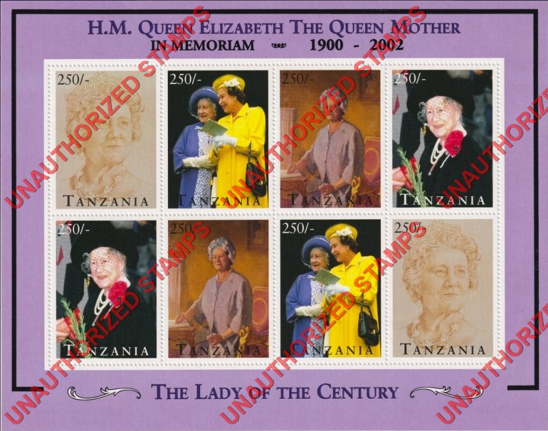 Tanzania 2002 Unauthorized In Memoriam 1900-2002 Overprint on 1995 Queen Mother 95th Birthday Souvenir Sheet of 8 Tanzania 2002 Unauthorized In Memoriam 1900-2002 Overprint on 1995 Queen Mother 95th Birthday Souvenir Sheet of 8