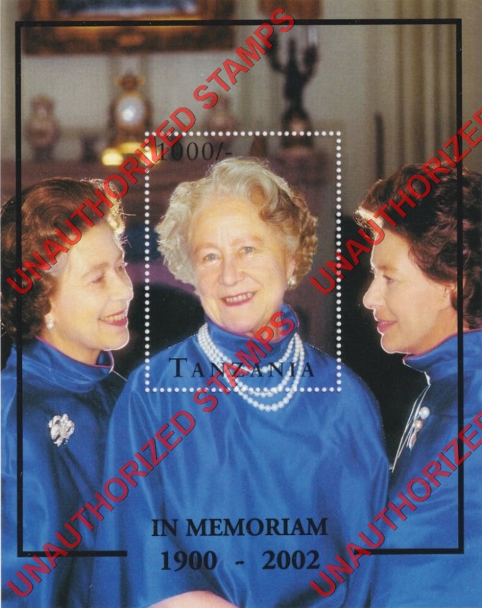 Tanzania 2002 Unauthorized In Memoriam 1900-2002 Overprint on 1995 Queen Mother 95th Birthday Souvenir Sheet of 1 Tanzania 2002 Unauthorized In Memoriam 1900-2002 Overprint on 1995 Queen Mother 95th Birthday Souvenir Sheet of 1