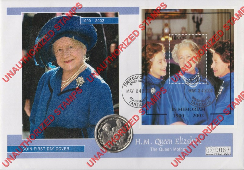 Tanzania 2002 Unauthorized In Memoriam 1900-2002 Overprint on 1995 Queen Mother 95th Birthday Souvenir Sheet of 1 on Fake First Day Cover Tanzania 2002 Unauthorized In Memoriam 1900-2002 Overprint on 1995 Queen Mother 95th Birthday Souvenir Sheet of 1 on Fake First Day Cover