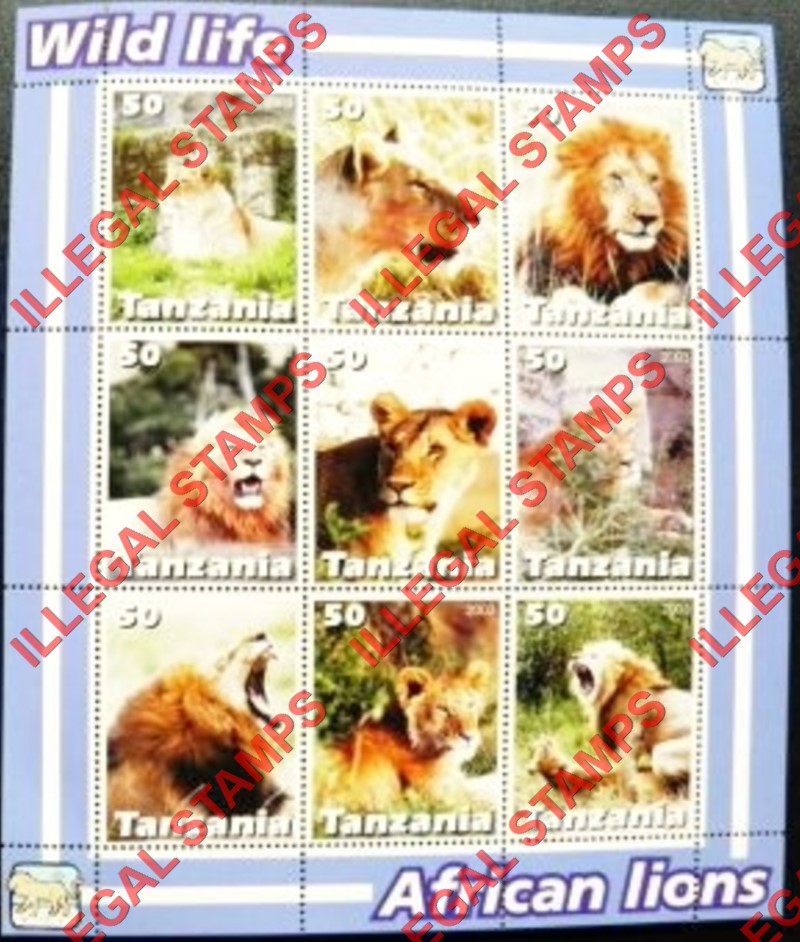 Tanzania 2003 African Lions Illegal Stamp Souvenir Sheet of 9 Tanzania 2003 African Lions Illegal Stamp Souvenir Sheet of 9