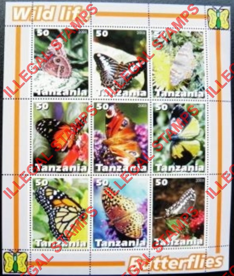Tanzania 2003 Butterflies Illegal Stamp Souvenir Sheet of 9 Tanzania 2003 Butterflies Illegal Stamp Souvenir Sheet of 9
