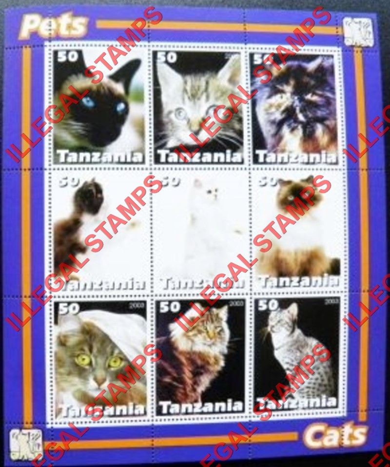 Tanzania 2003 Cats Illegal Stamp Souvenir Sheet of 9 Tanzania 2003 Cats Illegal Stamp Souvenir Sheet of 9