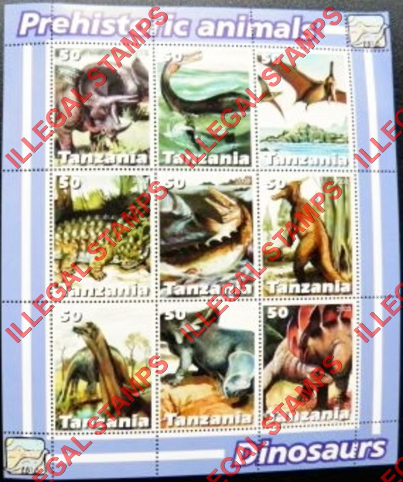 Tanzania 2003 Dinosaurs Illegal Stamp Souvenir Sheet of 9 Tanzania 2003 Dinosaurs Illegal Stamp Souvenir Sheet of 9
