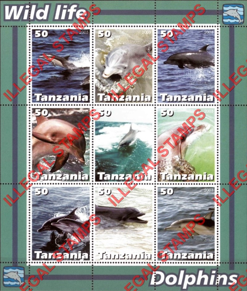 Tanzania 2003 Dolphins Illegal Stamp Souvenir Sheet of 9 Tanzania 2003 Dolphins Illegal Stamp Souvenir Sheet of 9