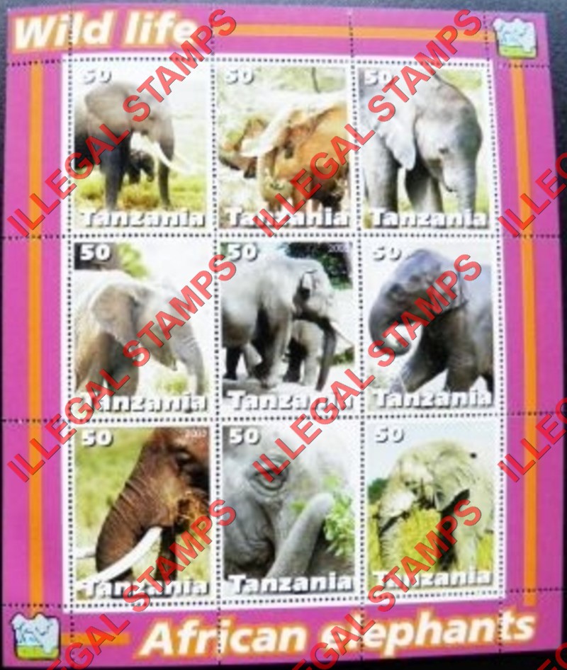Tanzania 2003 Elephants Illegal Stamp Souvenir Sheet of 9 Tanzania 2003 Elephants Illegal Stamp Souvenir Sheet of 9