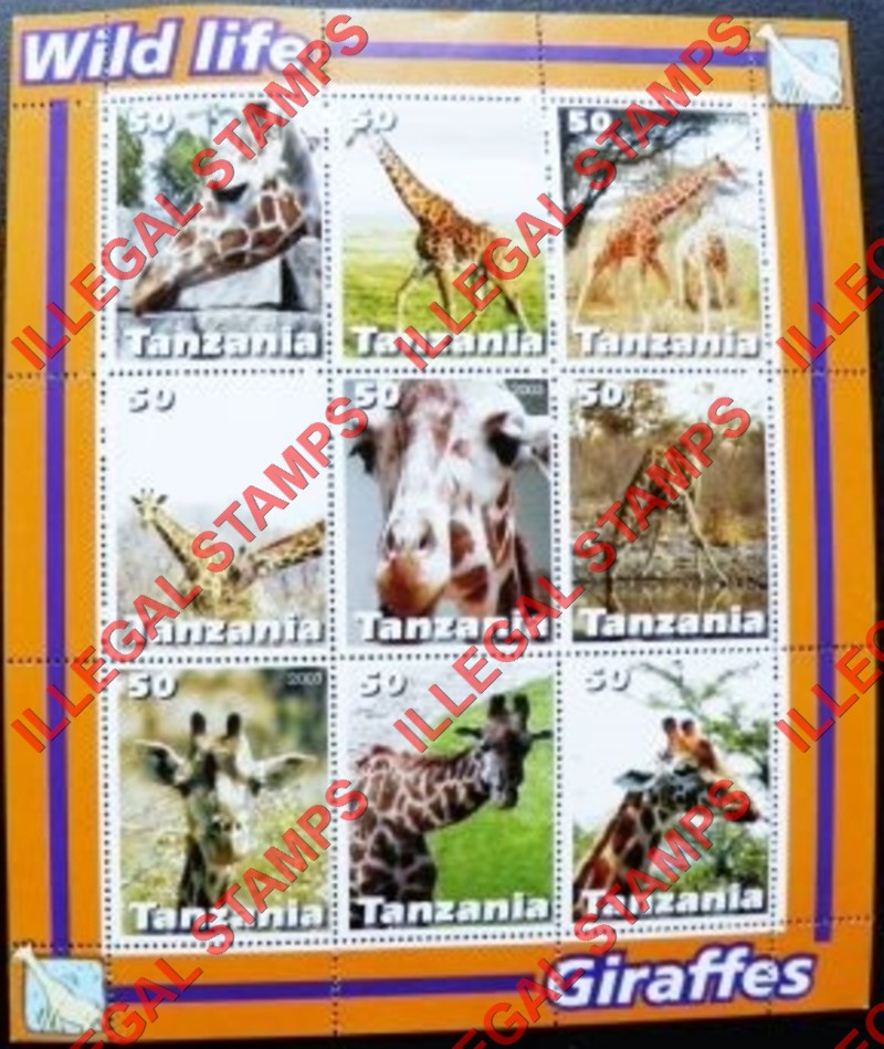 Tanzania 2003 Giraffes Illegal Stamp Souvenir Sheet of 9 Tanzania 2003 Giraffes Illegal Stamp Souvenir Sheet of 9