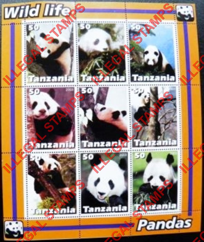 Tanzania 2003 Pandas Illegal Stamp Souvenir Sheet of 9 Tanzania 2003 Pandas Illegal Stamp Souvenir Sheet of 9