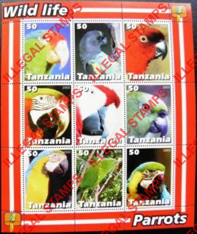 Tanzania 2003 Parrots Illegal Stamp Souvenir Sheet of 9 Tanzania 2003 Parrots Illegal Stamp Souvenir Sheet of 9