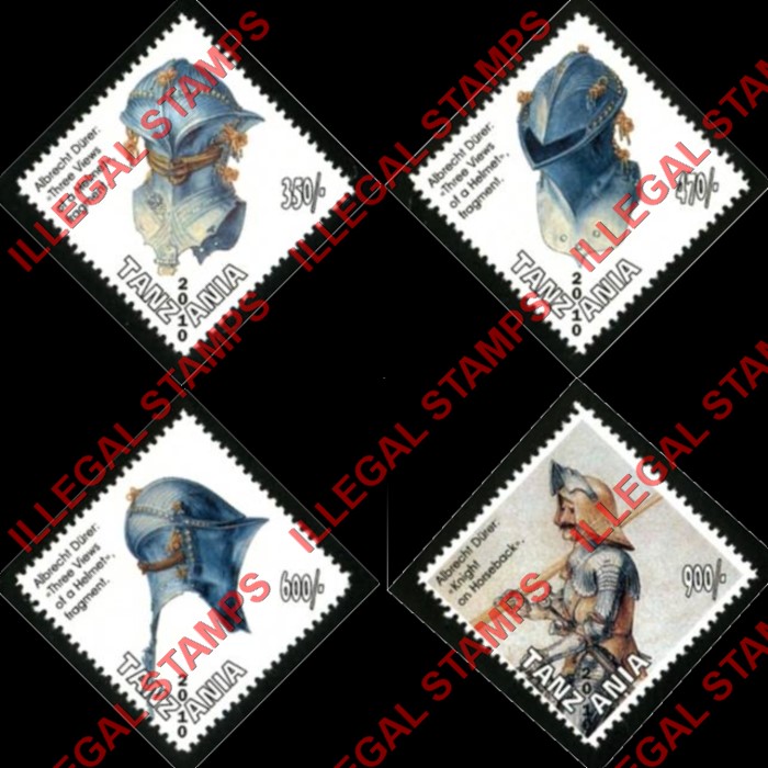 Tanzania 2010 Albrecht Durer Three Views of a Helmet Fragment Illegal Stamp Set of 4 Tanzania 2010 Albrecht Durer Three Views of a Helmet Fragment Illegal Stamp Set of 4
