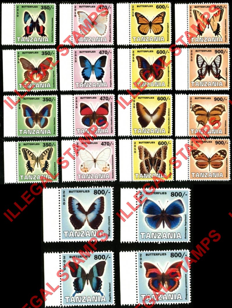 Tanzania 2010 Butterflies Illegal Stamp Set of 20 Tanzania 2010 Butterflies Illegal Stamp Set of 20