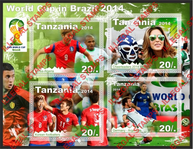 Tanzania 2014 FIFA World Cup Soccer in Brazil Illegal Stamp Souvenir Sheet of 4 Tanzania 2014 FIFA World Cup Soccer in Brazil Illegal Stamp Souvenir Sheet of 4