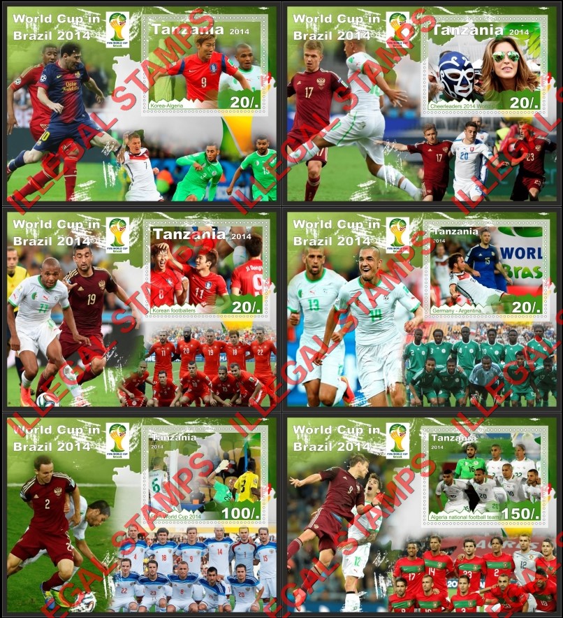 Tanzania 2014 FIFA World Cup Soccer in Brazil Illegal Stamp Souvenir Sheets of 1 Tanzania 2014 FIFA World Cup Soccer in Brazil Illegal Stamp Souvenir Sheets of 1