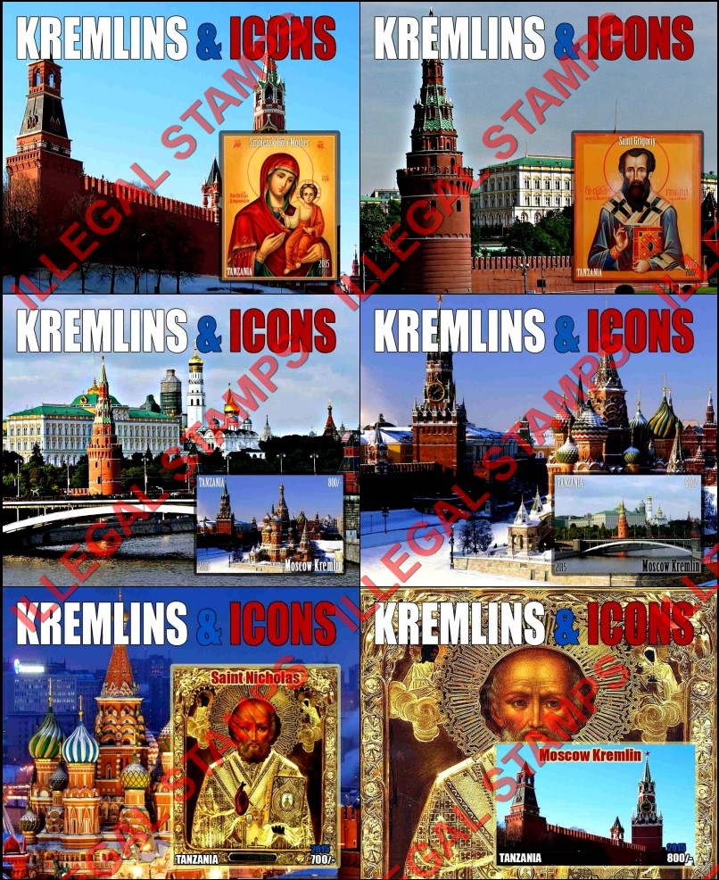 Tanzania 2015 Kremlins and Icons Illegal Stamp Souvenir Sheets of 1 Tanzania 2015 Kremlins and Icons Illegal Stamp Souvenir Sheets of 1