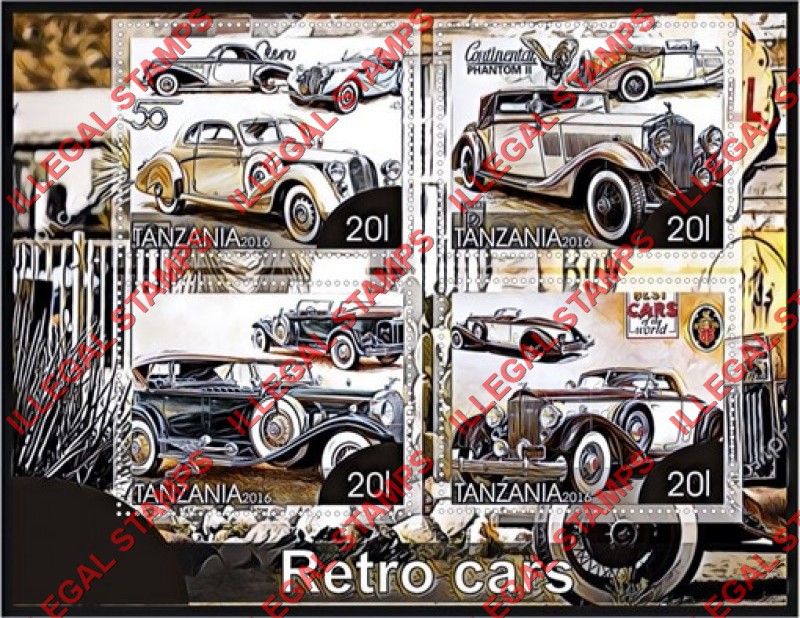 Tanzania 2016 Retro Cars Illegal Stamp Souvenir Sheet of 4