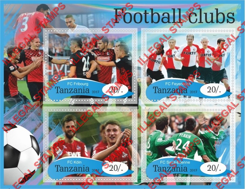Tanzania 2017 Football Clubs Illegal Stamp Souvenir Sheet of 4 Tanzania 2017 Football Clubs Illegal Stamp Souvenir Sheet of 4