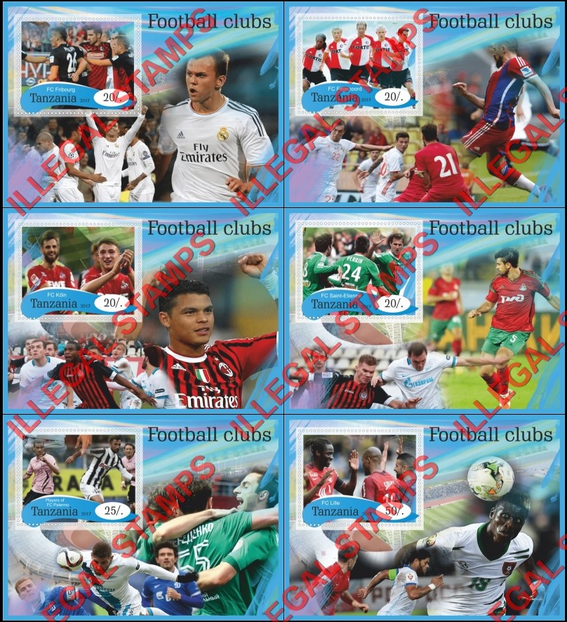 Tanzania 2017 Football Clubs Illegal Stamp Souvenir Sheets of 1 Tanzania 2017 Football Clubs Illegal Stamp Souvenir Sheets of 1
