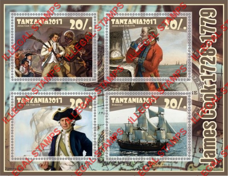 Tanzania 2017 James Cook Illegal Stamp Souvenir Sheet of 4 Tanzania 2017 James Cook Illegal Stamp Souvenir Sheet of 4