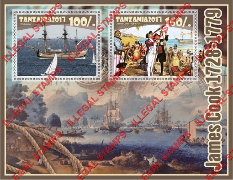 Tanzania 2017 James Cook Illegal Stamp Souvenir Sheet of 2 Tanzania 2017 James Cook Illegal Stamp Souvenir Sheet of 2