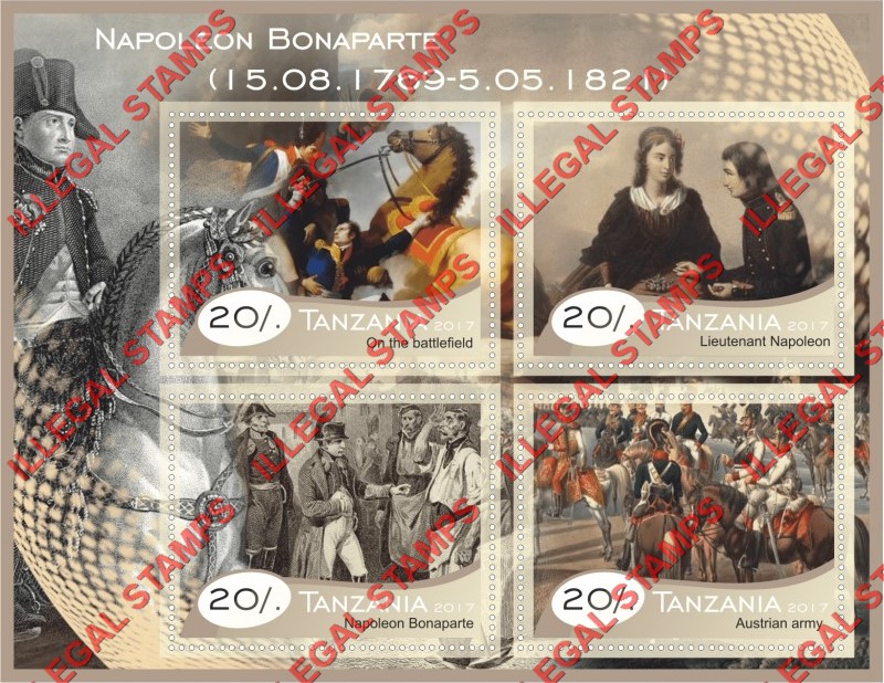 Tanzania 2017 Napoleon Bonaparte Illegal Stamp Souvenir Sheet of 4 Tanzania 2017 Napoleon Bonaparte Illegal Stamp Souvenir Sheet of 4