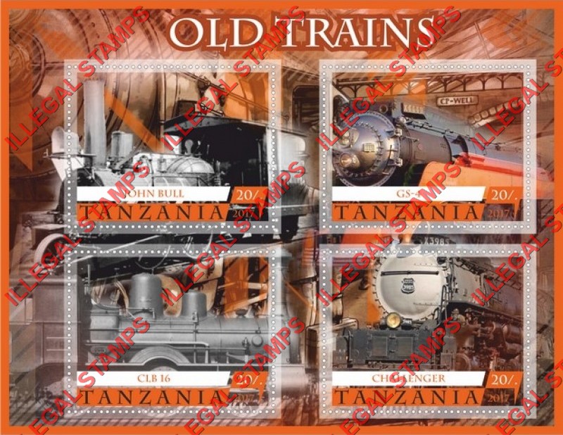 Tanzania 2017 Old Trains Illegal Stamp Souvenir Sheet of 4 Tanzania 2017 Old Trains Illegal Stamp Souvenir Sheet of 4