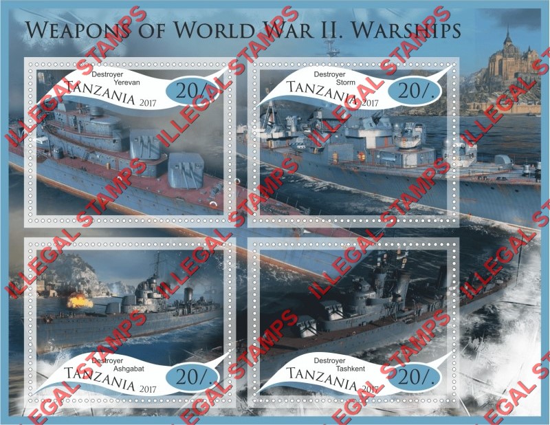 Tanzania 2017 Weapons of World War II Warships Illegal Stamp Souvenir Sheet of 4 Tanzania 2017 Weapons of World War II Warships Illegal Stamp Souvenir Sheet of 4