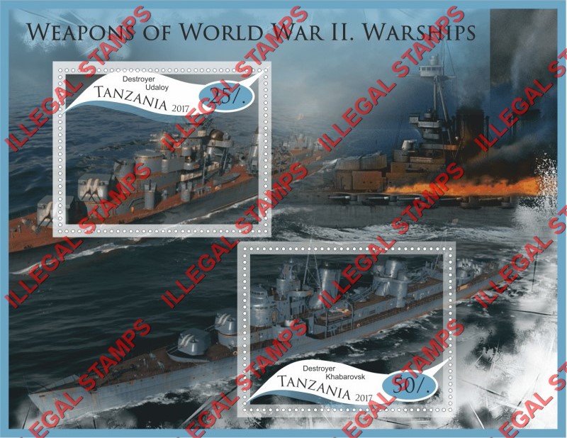 Tanzania 2017 Weapons of World War II Warships Illegal Stamp Souvenir Sheet of 2 Tanzania 2017 Weapons of World War II Warships Illegal Stamp Souvenir Sheet of 2