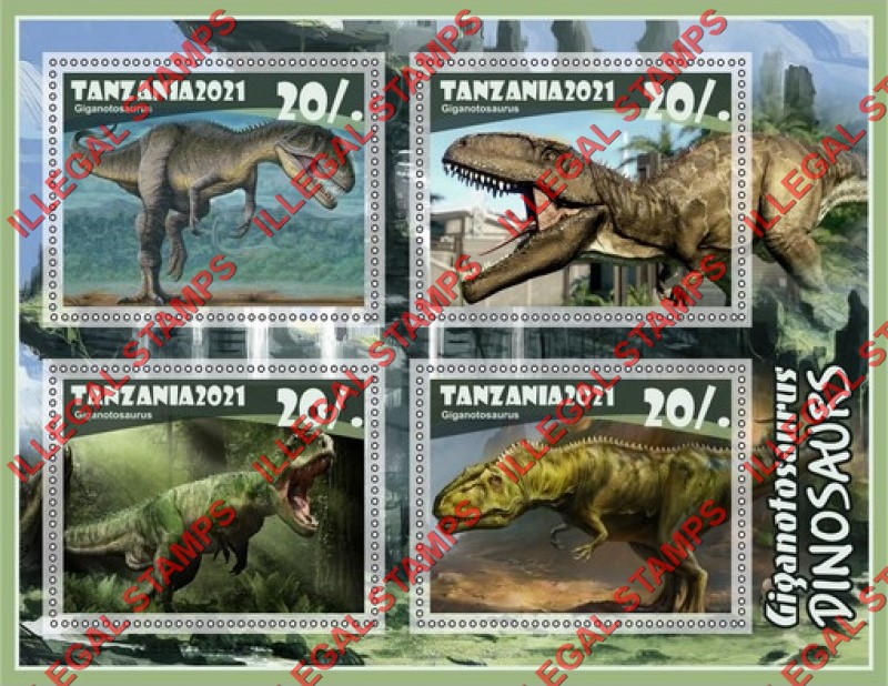 Tanzania 2021 Dinosaurs Illegal Stamp Souvenir Sheet of 4 Tanzania 2021 Dinosaurs Illegal Stamp Souvenir Sheet of 4